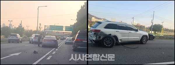 사고차량의 뒷바퀴가 이탈직전에 있어 2차사고 예방에 대한 조치가 요구되고있다.@시사연합신문